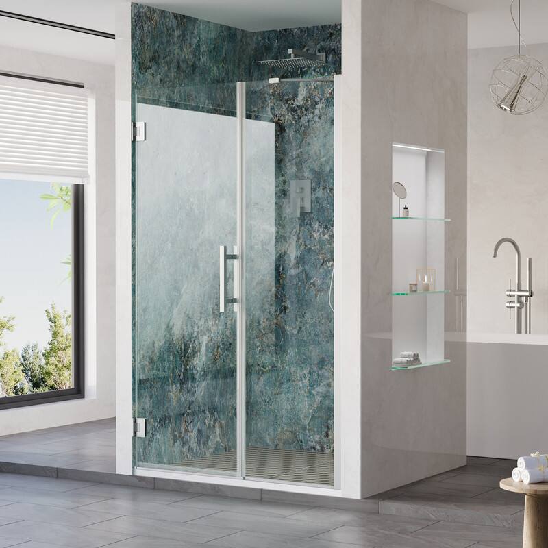 Angle. WELLFOR - 45–46 in. W x 72 in. H Frameless Hinged Shower Door with 3/8" Clear Tempered Glass, Reversible Opening - Chrome.