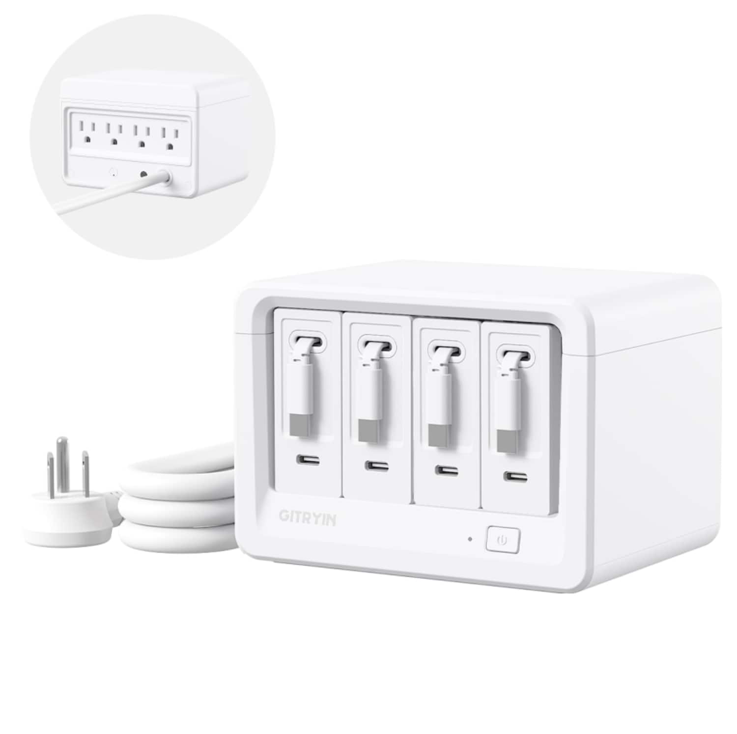 Front. Gitryin - 160W Retractable Charging Station with 4 Type-C Wall Chargers, 12-in-1 Desktop Charging Station - White.