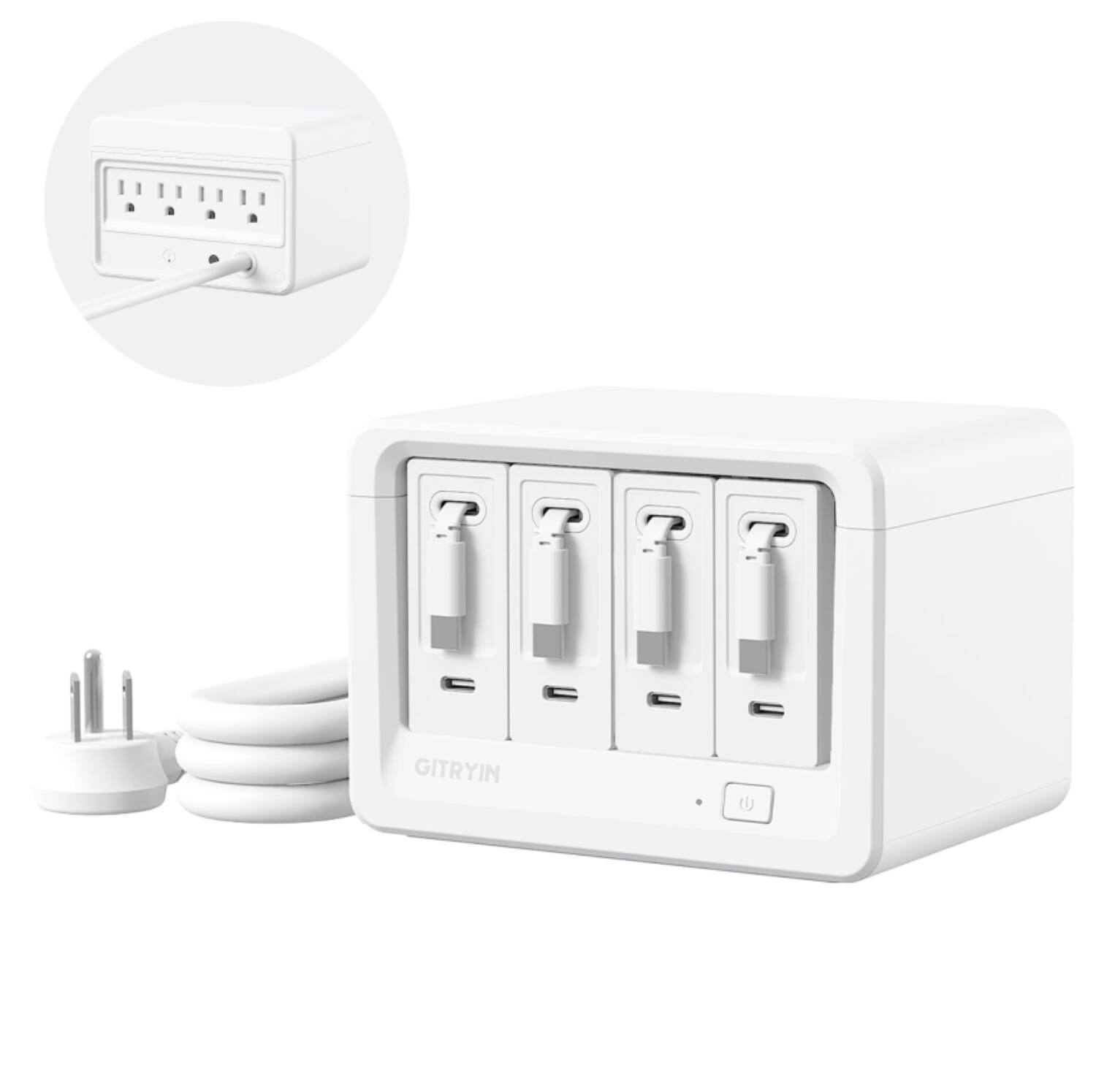 Front. Gitryin - 160W Retractable Charging Station with 4 Type-C Wall Chargers, 12-in-1 Desktop Charging Station - White.