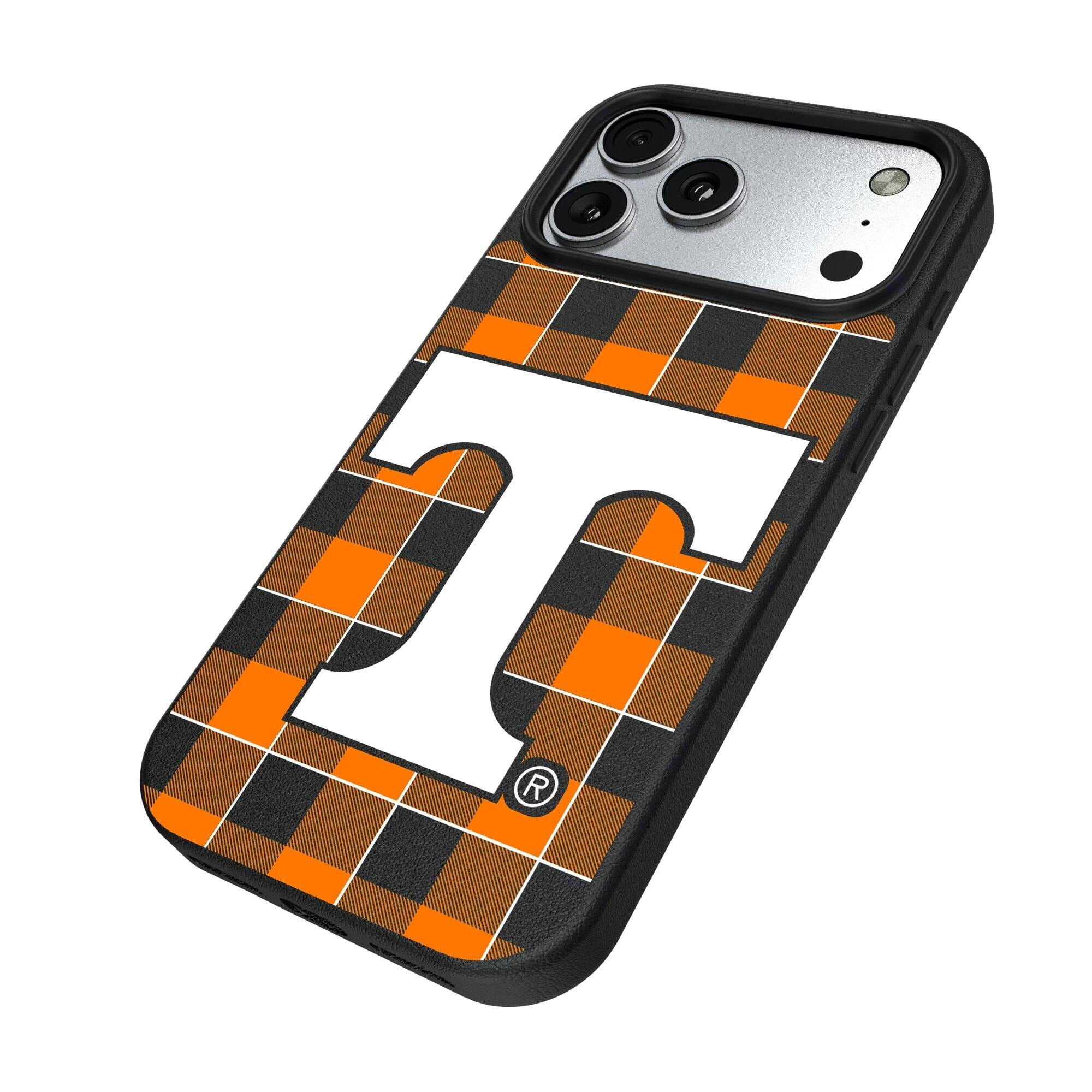 Alt View 1. Keyscaper - Tennessee Volunteers Plaid Magnetic Bump iPhone Case - 16 Plus - Black.