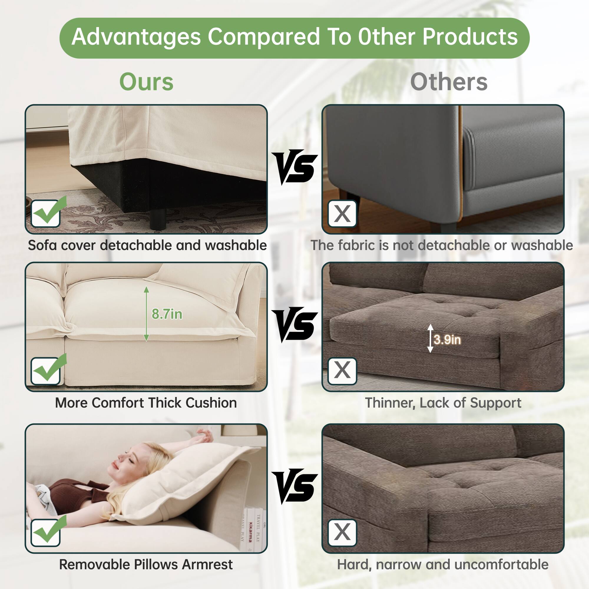 Advantages Compared To Other Products

Ours VS Others

- Sofa cover detachable and washable
  - The fabric is not detachable or washable

- More Comfort Thick Cushion
  - 8.7in VS 3.9in
  - Thinner, Lack of Support

- Removable Pillows Armrest
  - PLAS smarma
  - LANERI
  - Hard, narrow and uncomfortable
