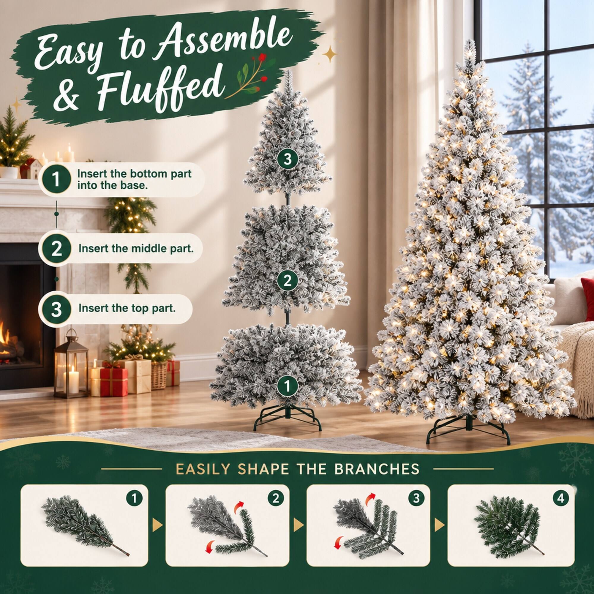 Easy to Assemble & Fluffed

1. Insert the bottom part into the base.
2. Insert the middle part.
3. Insert the top part.

EASILY SHAPE THE BRANCHES

1. 
2. 
3. 
4.
