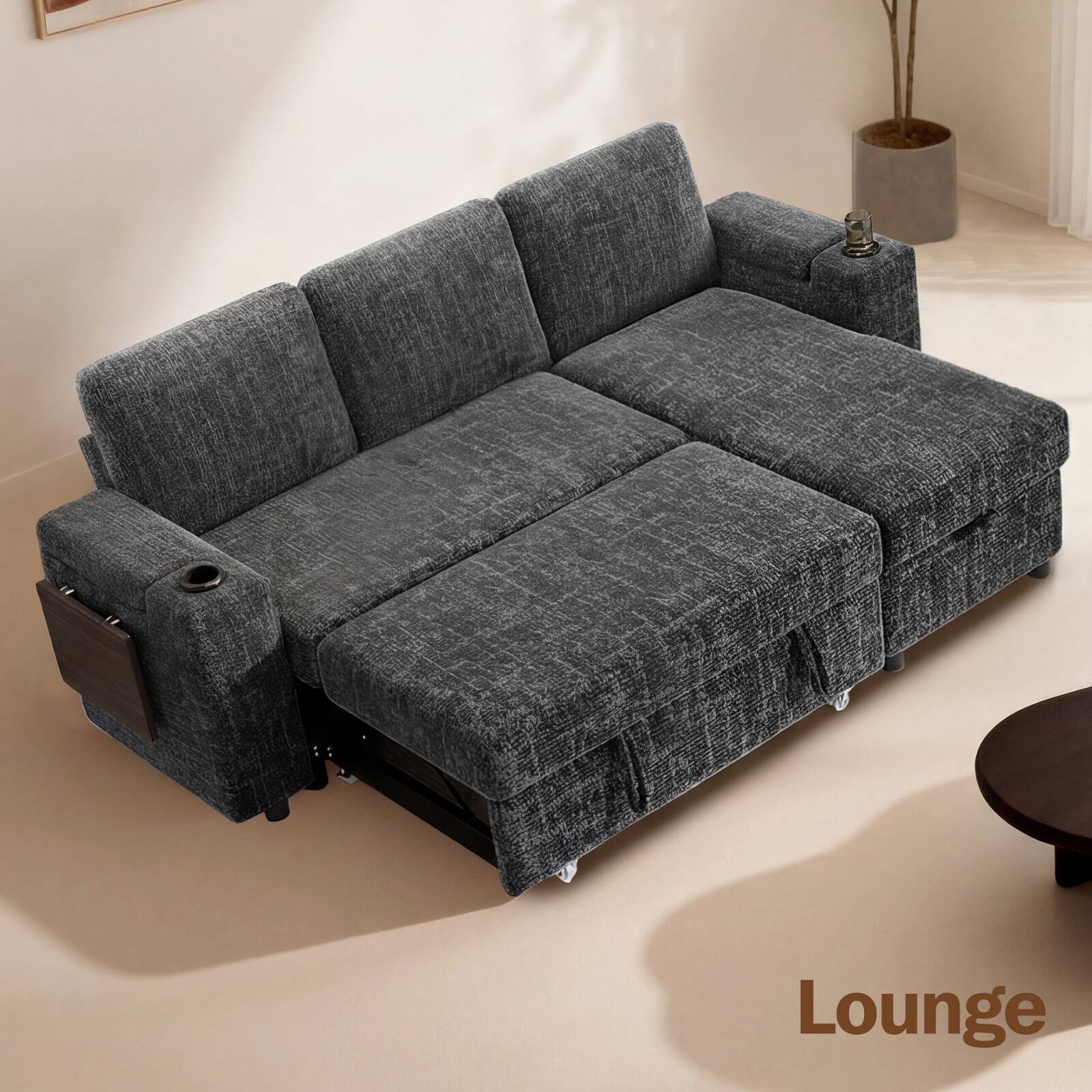 Alt View 2. Dyonery - Dyonery 85" Modular Sectional Sleeper Sofa with Pull Out Bed, 3 Seat L Shaped with Reclining Backrest,Chenille Gray - Gray.