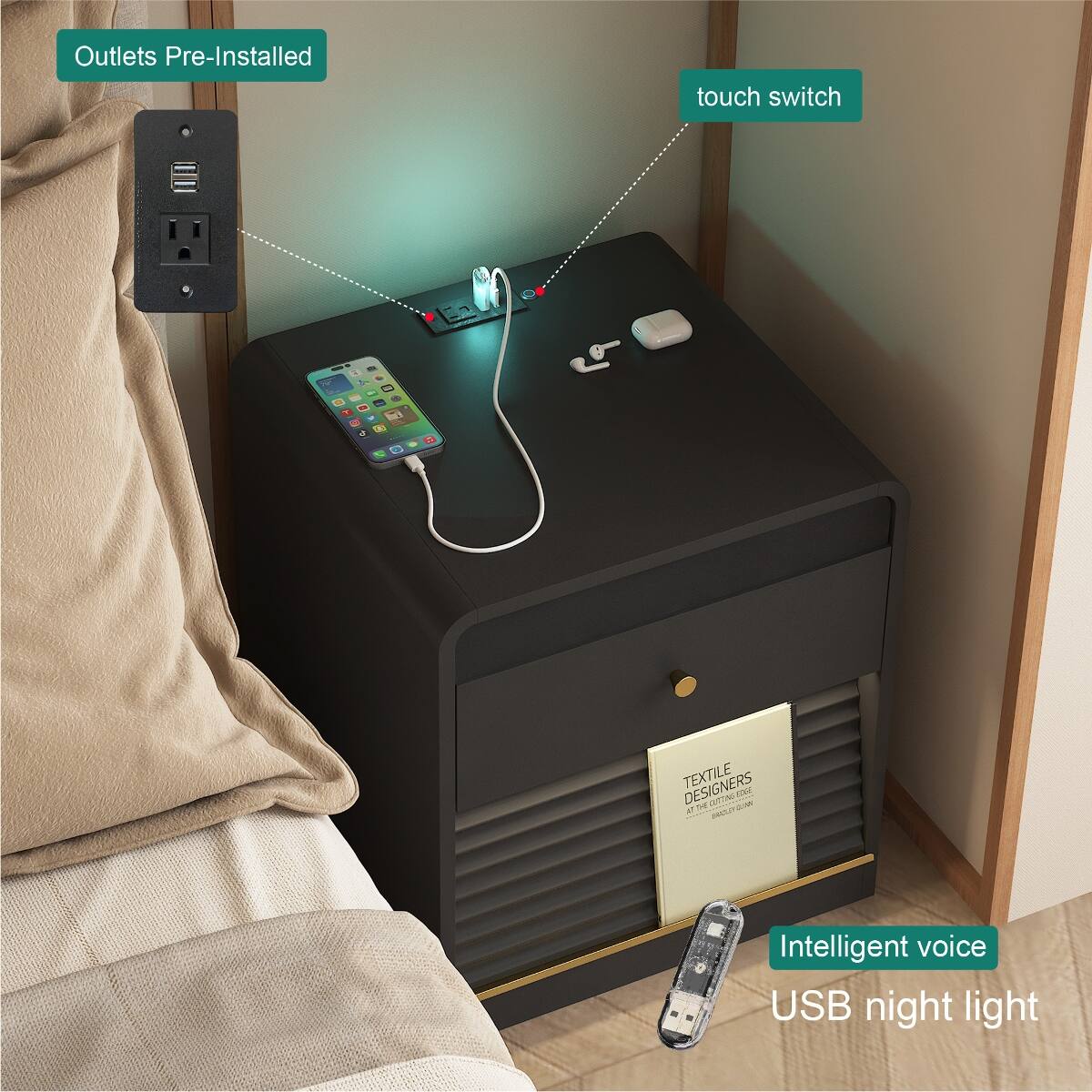 Outlets Pre-Installed  
touch switch  
Intelligent voice USB night light