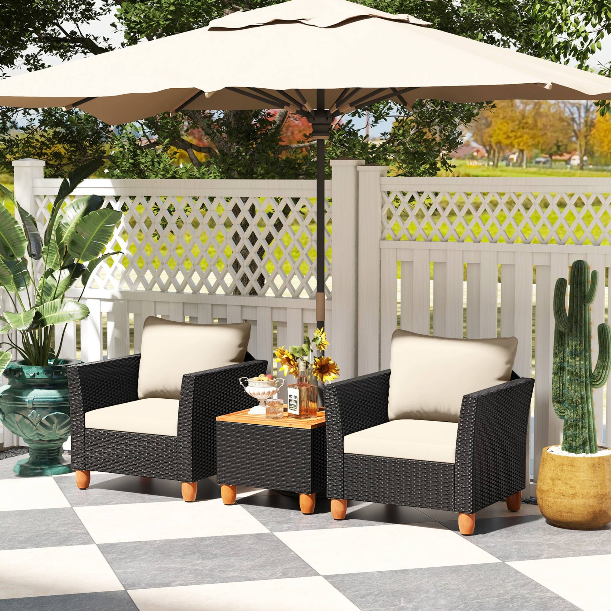 Alt View 5. Costway - Costway 3PCS Patio Rattan Furniture Set Cushioned Sofa Storage Table with Wood Top - White.