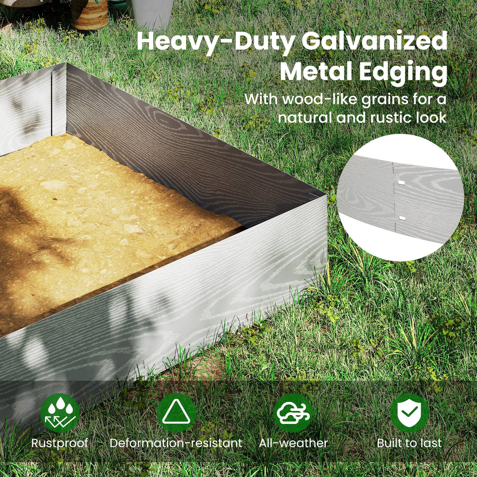 Heavy-Duty Galvanized Metal Edging  
With wood-like grains for a natural and rustic look  

- Rustproof  
- Deformation-resistant  
- All-weather  
- Built to last