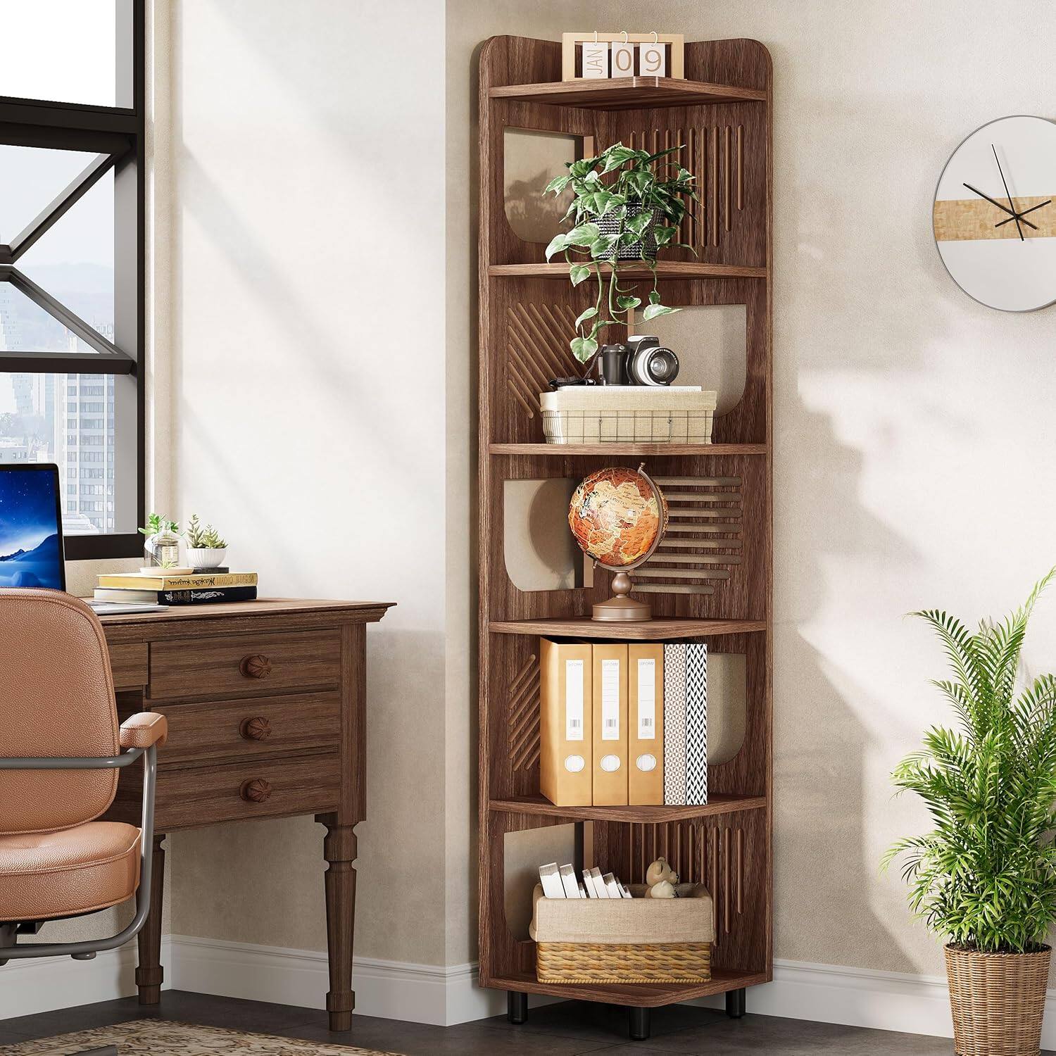 Alt View 1. TinyHomie - 71.65in Tall 6-Tier Rustic Brown Narrow Corner Bookshelf Storage for Living room Office Bedroom - Brown.