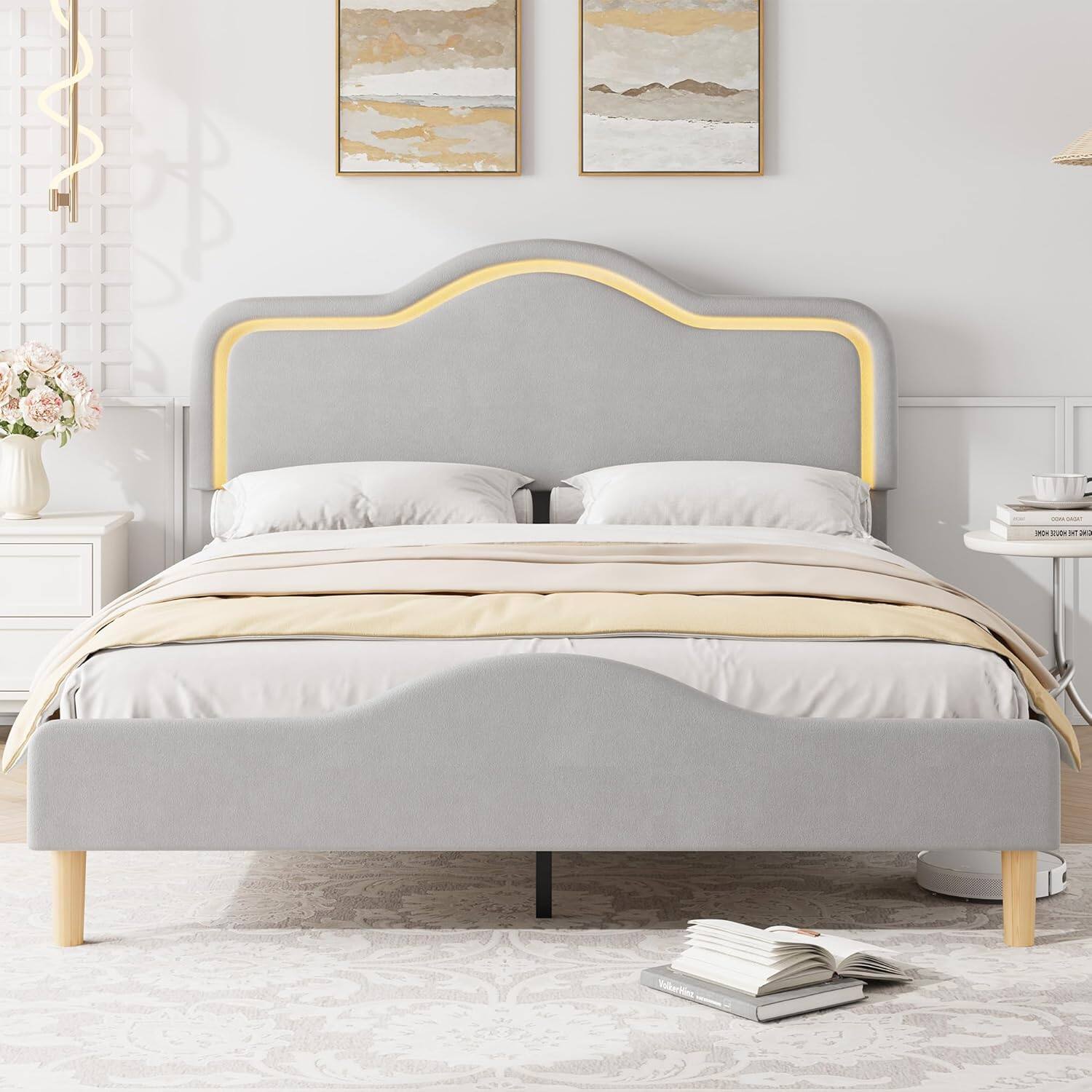 Left. Homhougo - Queen Size Velvet Bed Frame with LED Head/Footboard, Princess Platform Bed, Slats Support, Gray - Grey.