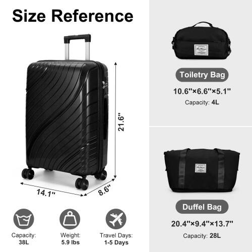 Size Reference

Toilet Bag  
10.6" x 6.6" x 5.1"  
Capacity: 4L

Duffel Bag  
20.4" x 9.4" x 13.7"  
Capacity: 28L

Travel Days: 1-5 Days  
Weight: 5.9 lbs  
Capacity: 38L