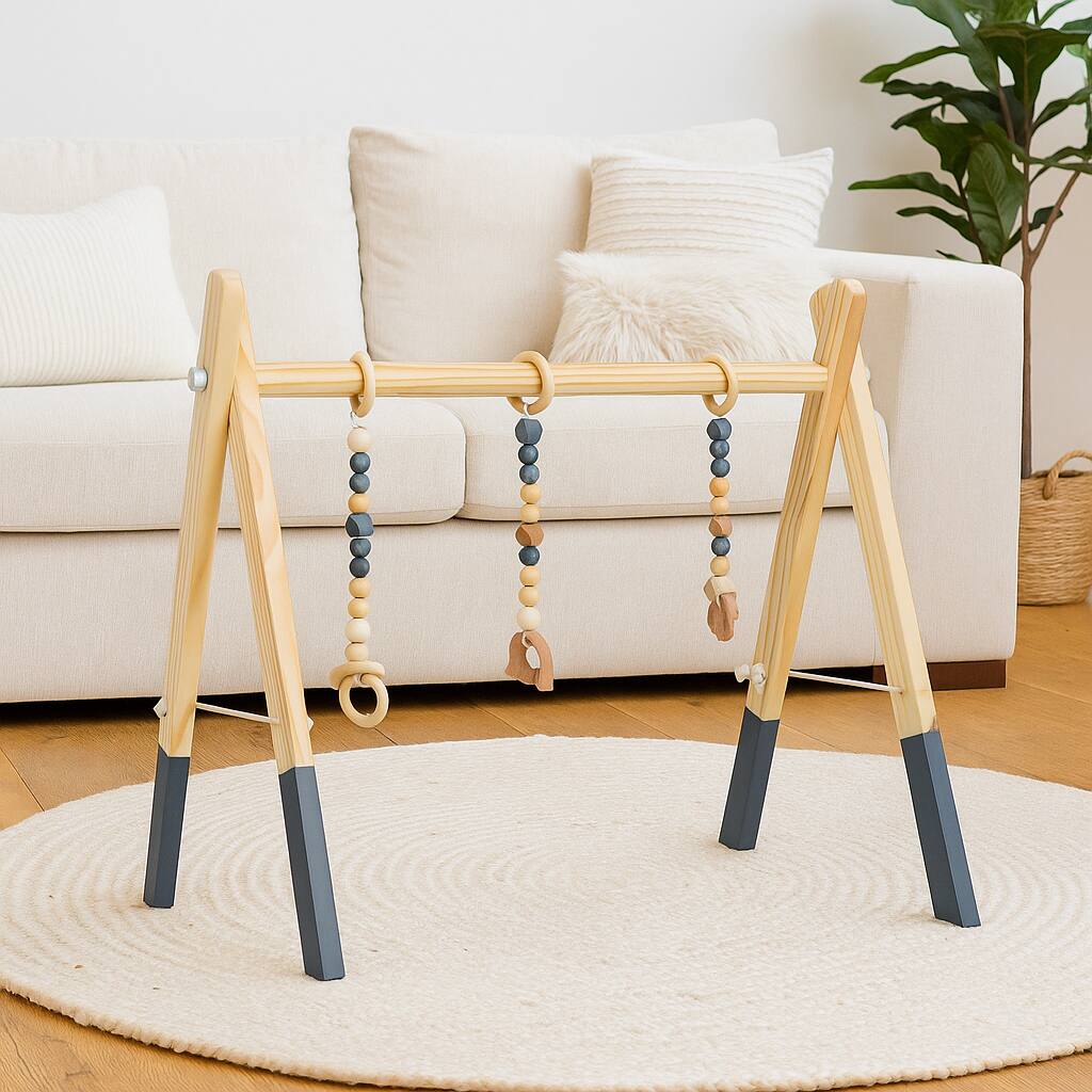 Front. Hivvago - Wooden Baby Activity Gym with Three Detachable Hanging Toys - Gray.