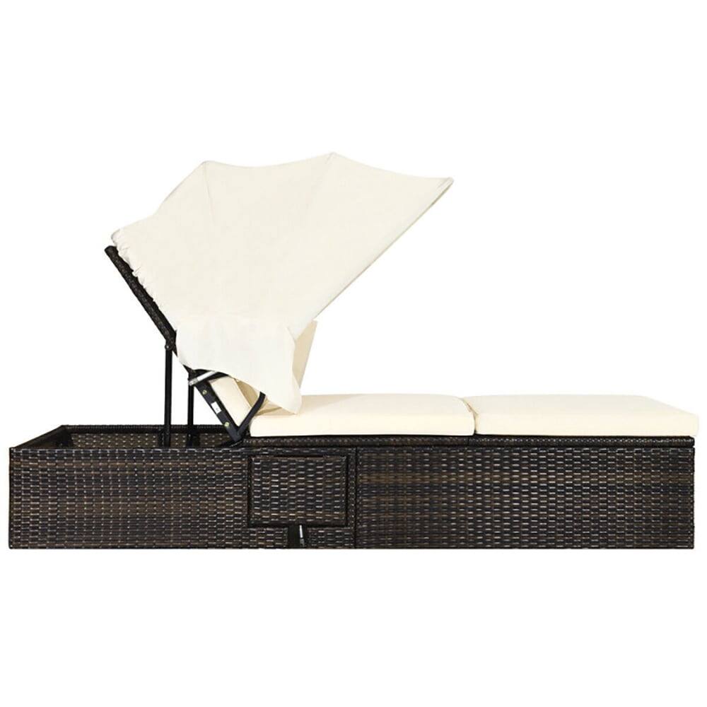 Left. Pefilos - Patio Lounge Chair, Chaise Cushioned Top Canopy Patio Rattan Lounge Chair with Tea Table Set - White.