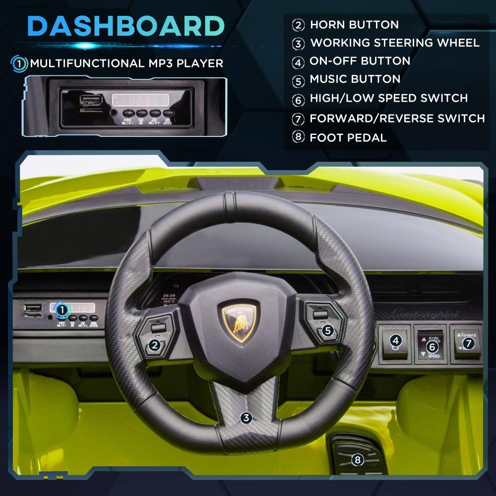 DASHBOARD

1. MULTIFUNCTIONAL MP3 PLAYER
2. HORN BUTTON
3. WORKING STEERING WHEEL
4. ON-OFF BUTTON
5. MUSIC BUTTON
6. HIGH/LOW SPEED SWITCH
7. FORWARD/REVERSE SWITCH
8. FOOT PEDAL