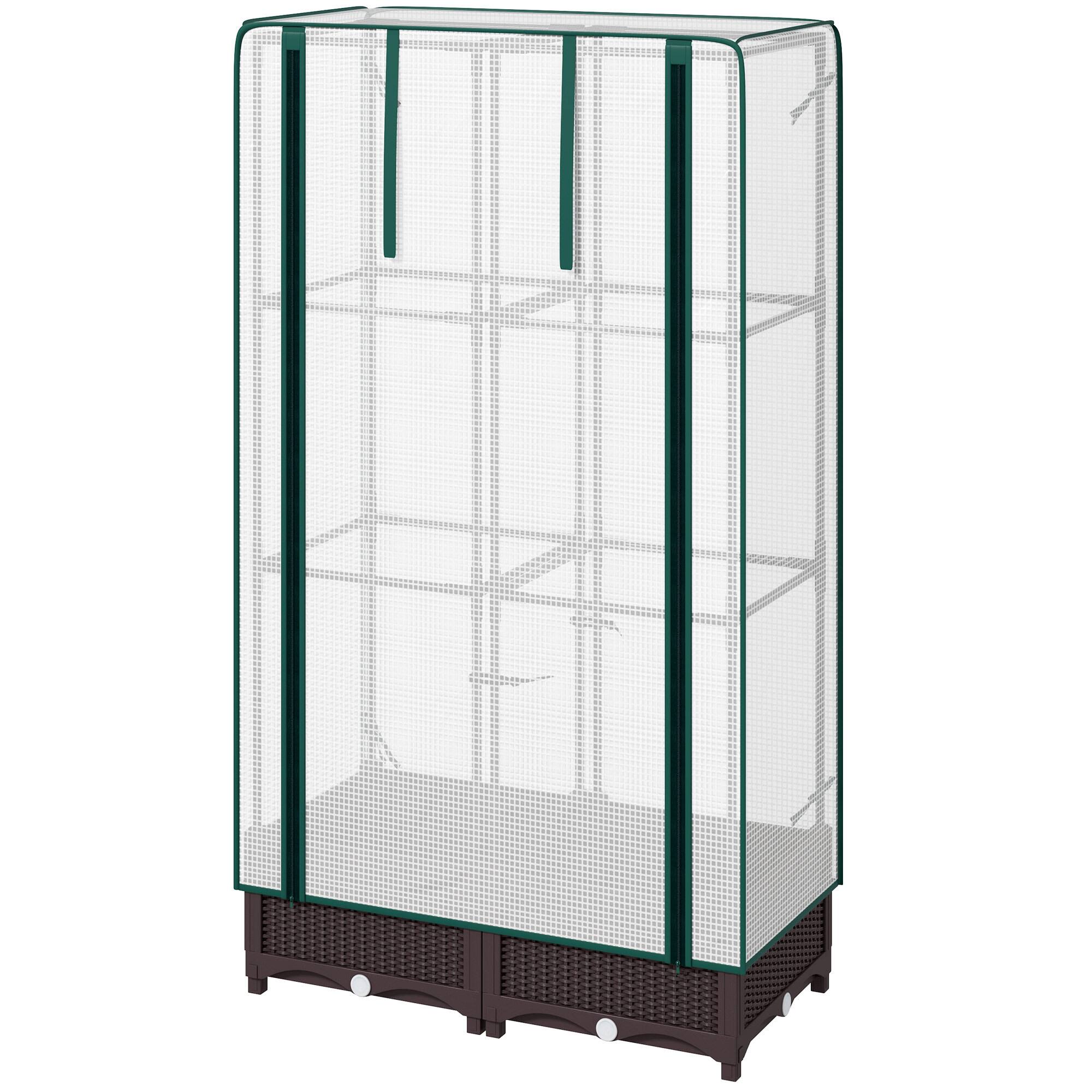 Front. Outsunny - Bed with Trellis, Outdoor Plant Box with PE Cover, Drainage Holes and Zipper Door - Brown.