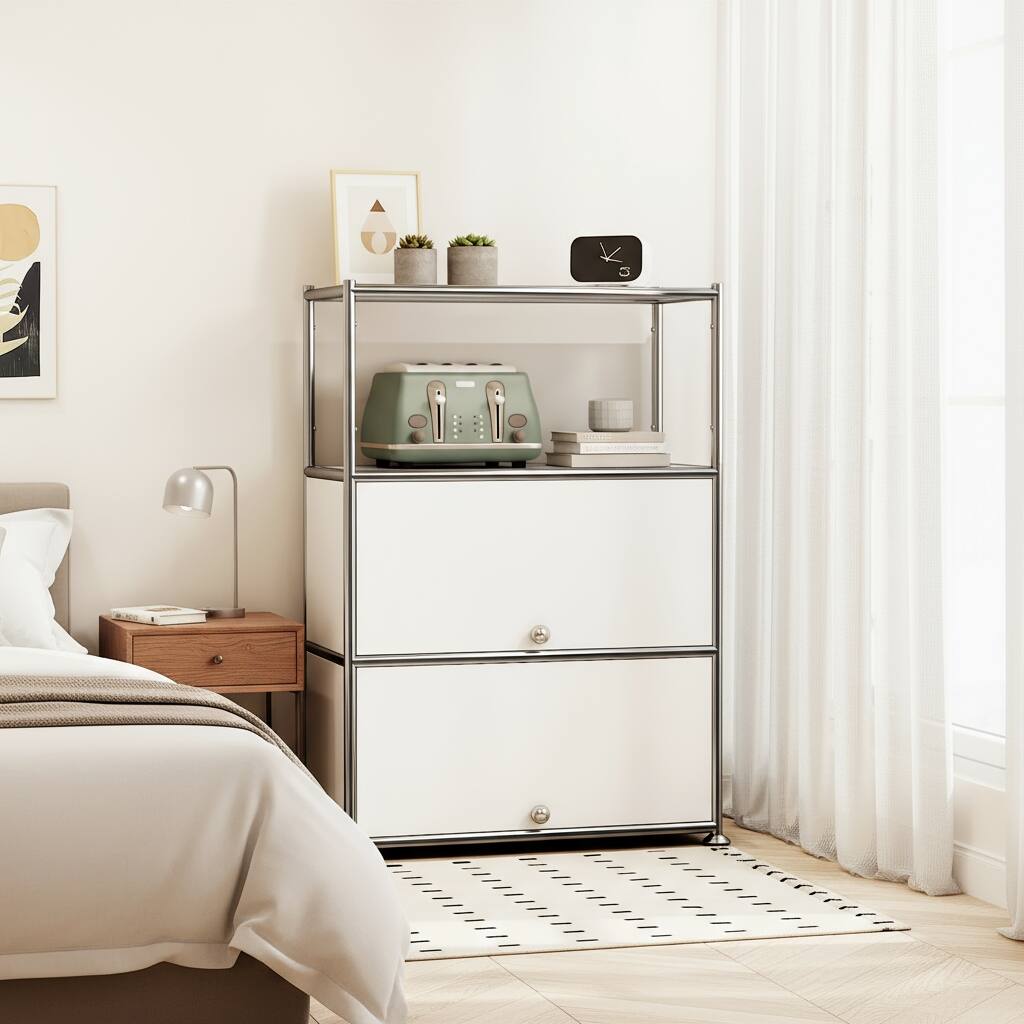 Angle. Malletson - 3-Tier Metal Sideboard Buffet Storage Cabinet Modern Grid-Style, for Dining Room, Living Room or Office - White.