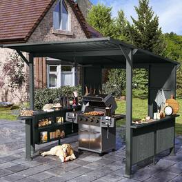 Mondawe - 9X10FT Galvanized Steel Grill Gazebo,Storage Shelves and Expansion Platform - Gray
