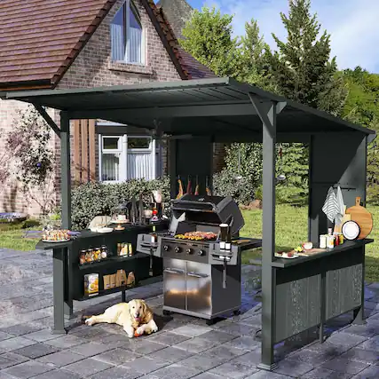Front. Mondawe - 9X10FT Galvanized Steel Grill Gazebo,Storage Shelves and Expansion Platform - Grey.