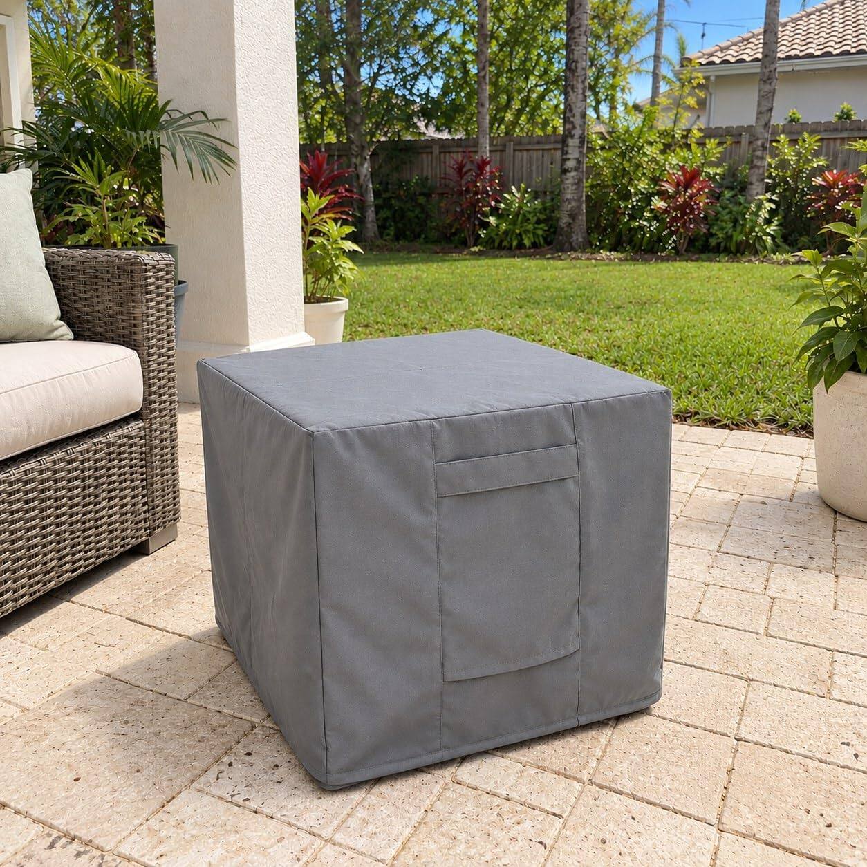 Alt View 2. KHOMO GEAR - Outdoor Ottoman and Coffee Table Cover - Heavy Duty, Water Resistant Square Patio Side Table Cover - 16"L x 16"W x 15"H - Gray.