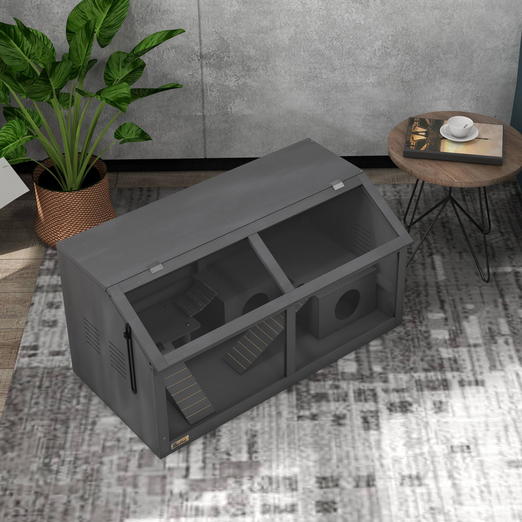 Alt View 4. Pawhut - Wooden Hamster Cage, Small Animal Playhouse for Gerbils Mice with Suspension Bridge, Ladders, Openable Top, Hut.