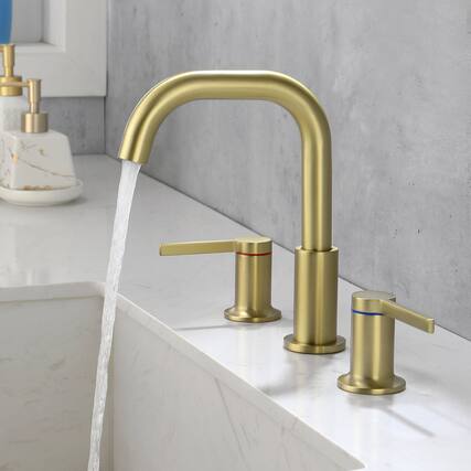Front. Boyel Living - 8 in Widespread Double Handle 1.2 GPM Bathroom Faucet with Quick Connect Hose and Water Supply Hose in Brushed Gold - Brushed Gold.