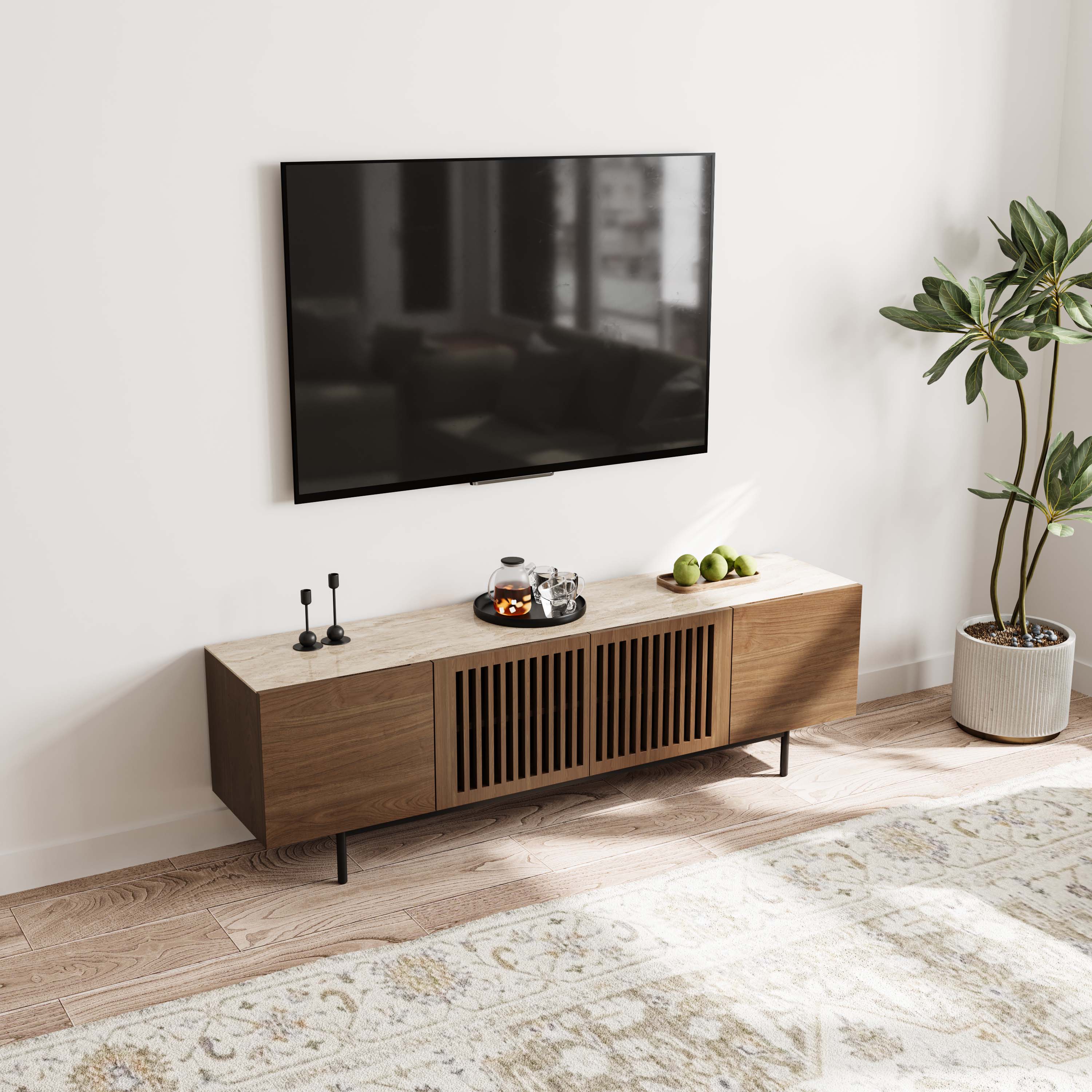 Left. POVISON - 71" Mid-Century TV Stand with Sintered Stone Wood Media Console with Walnut Veneer Slatted Cabinet, Tall-Cast Metal Legs - Walnut.