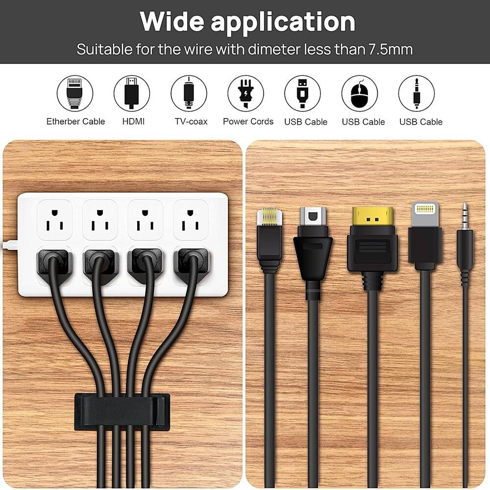Wide application  
Suitable for the wire with diameter less than 7.5mm  

- Etherber Cable  
- HDMI  
- TV-coax  
- Power Cords  
- USB Cable  
- USB Cable  
- USB Cable