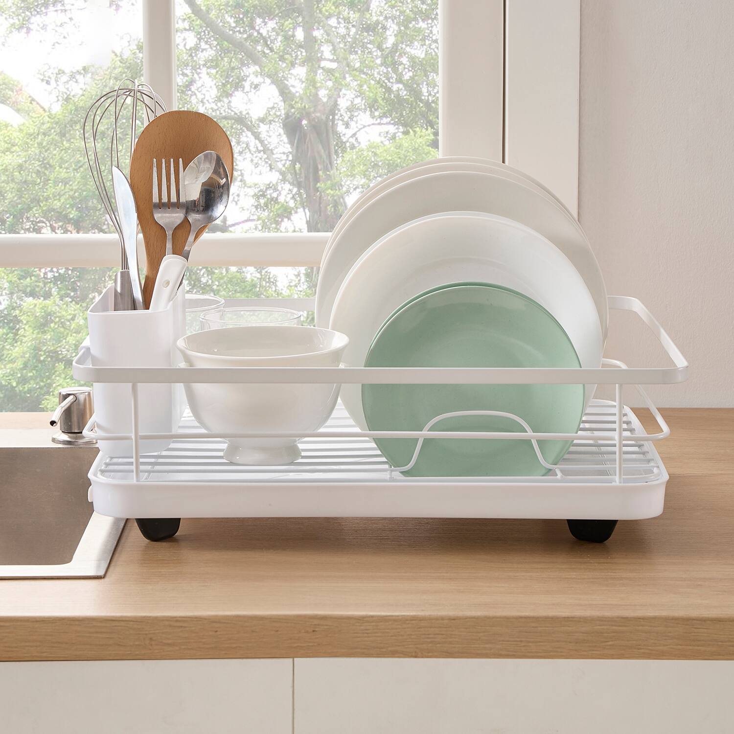 Sweet Home Collection - 3-Piece Multi-Functional Dish Drying Rack with Drain Board & Utensil Holder - White