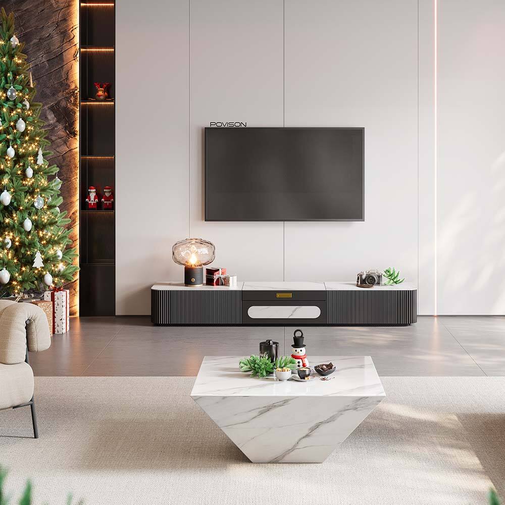Angle. POVISON - 79" Modern TV Stand for Projector, Sintered Stone TV Cabinet with Drawers for Home Theater, Black & White - White & Black.