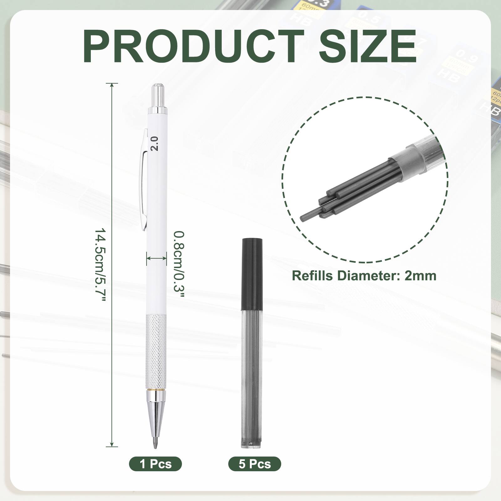 3 60mm HB 0.5  
PRODUCT SIZE  
0.9  
60mm HB I  
60  
12p HB 2.0  
14.5cm/5.7"  
0.8cm/0.3"  
Refills Diameter: 2mm  
1 Pcs  
5 Pcs