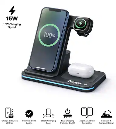 15W Charging Speed
100%
Energizer
Charge 3 Devices at Once
Premium Build Quality
Stable Charging Base
LED Charging Indicator On/Off
Apple & Android Compatible
Foldable & Compact Design