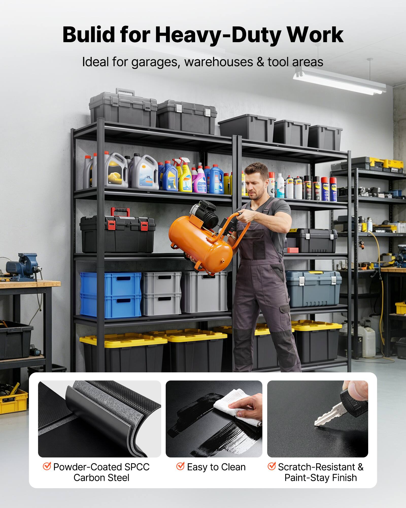 Build for Heavy-Duty Work  
Ideal for garages, warehouses & tool areas  

Powder-Coated SPCC Carbon Steel  
Easy to Clean  
Scratch-Resistant & Paint-Stay Finish