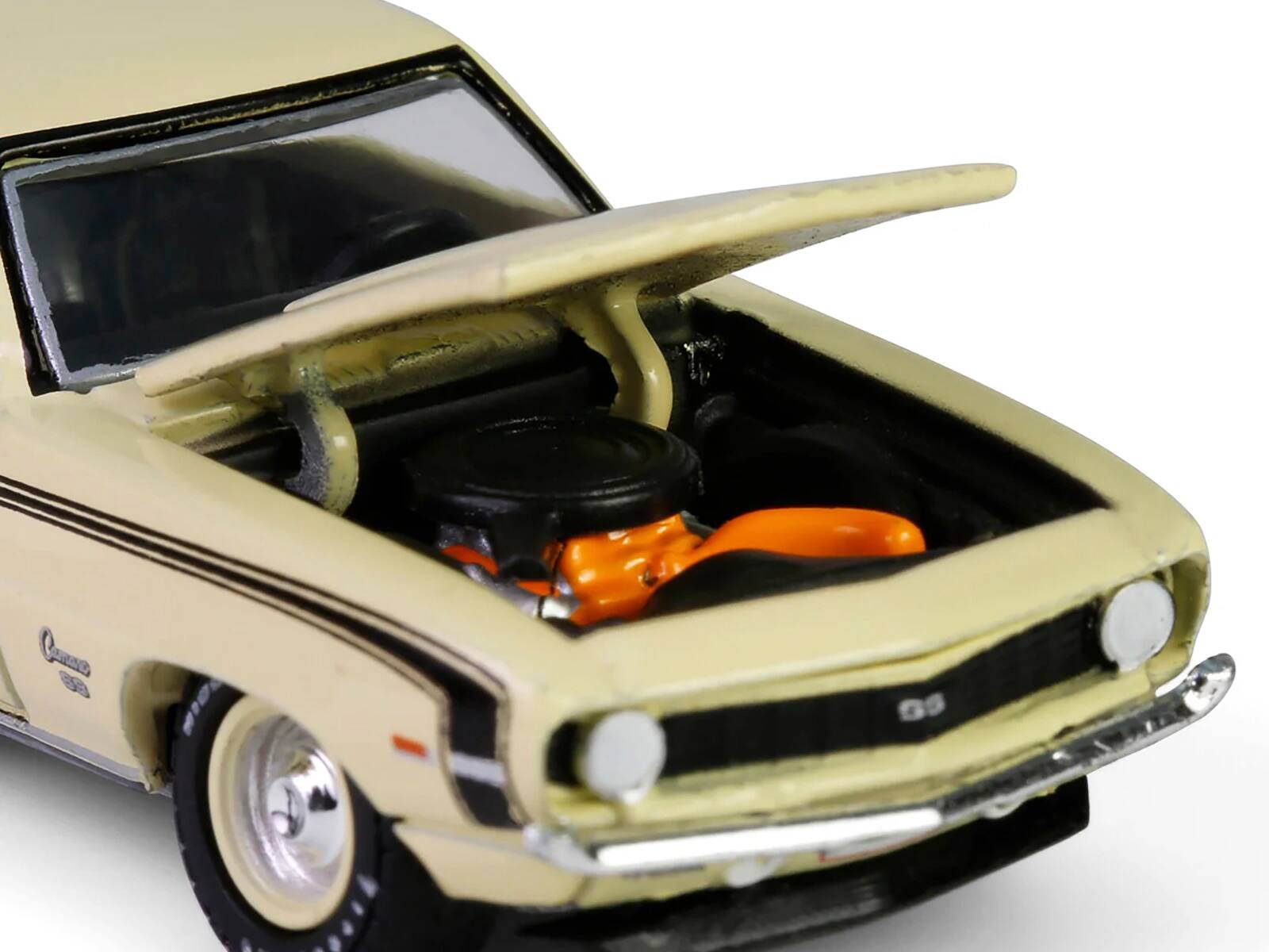 Angle. Greenlight - 1969 Chevrolet Camaro SS 396 Butternut Yellow with Black Stripes "Barrett-Jackson" Series 15 1/64 - Butternut Yellow, Black.