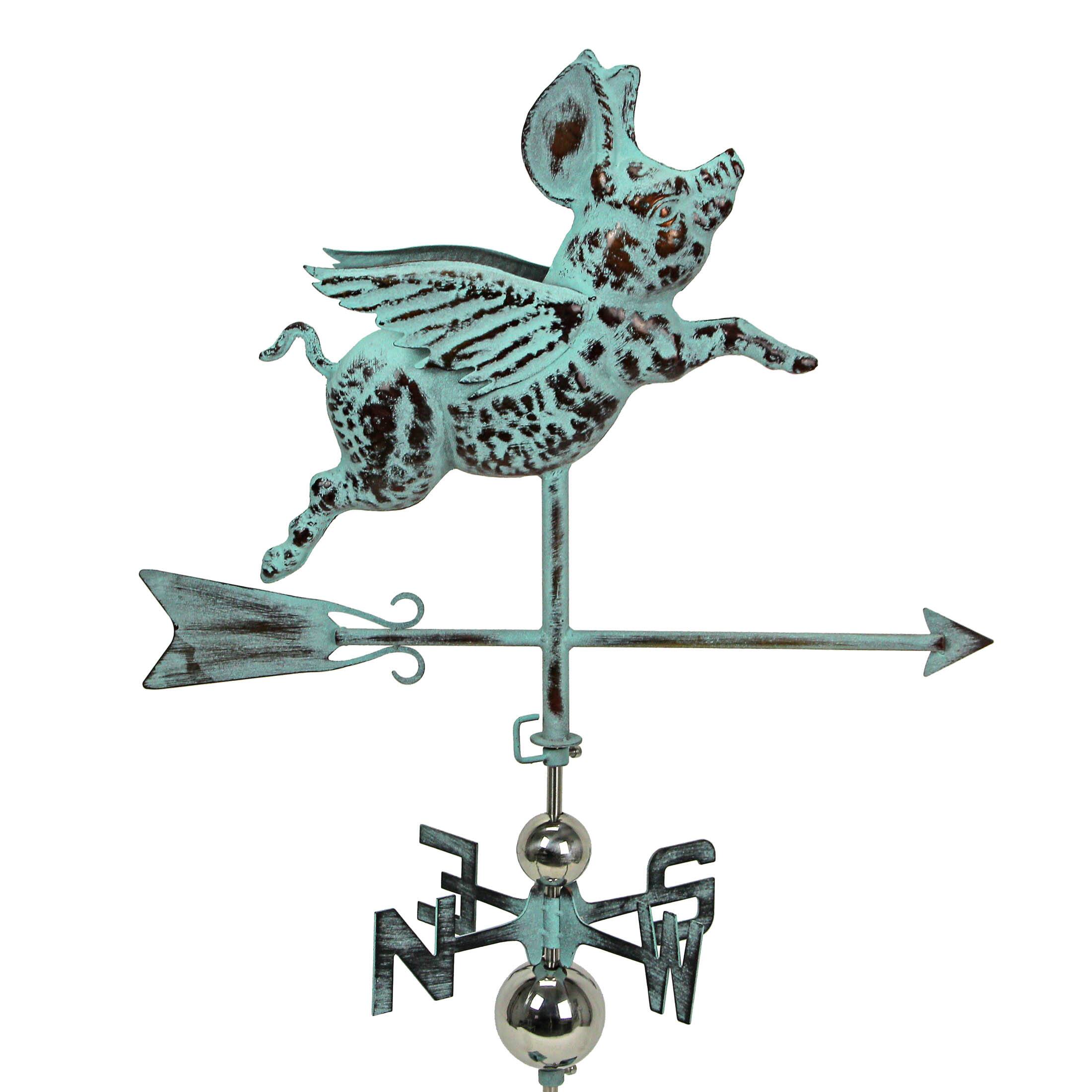 Alt View 2. Things2Die4 - Verdigris Copper Flying Pig Weathervane Roof Mount Home Garden Decor Art Sculpture - Teal.