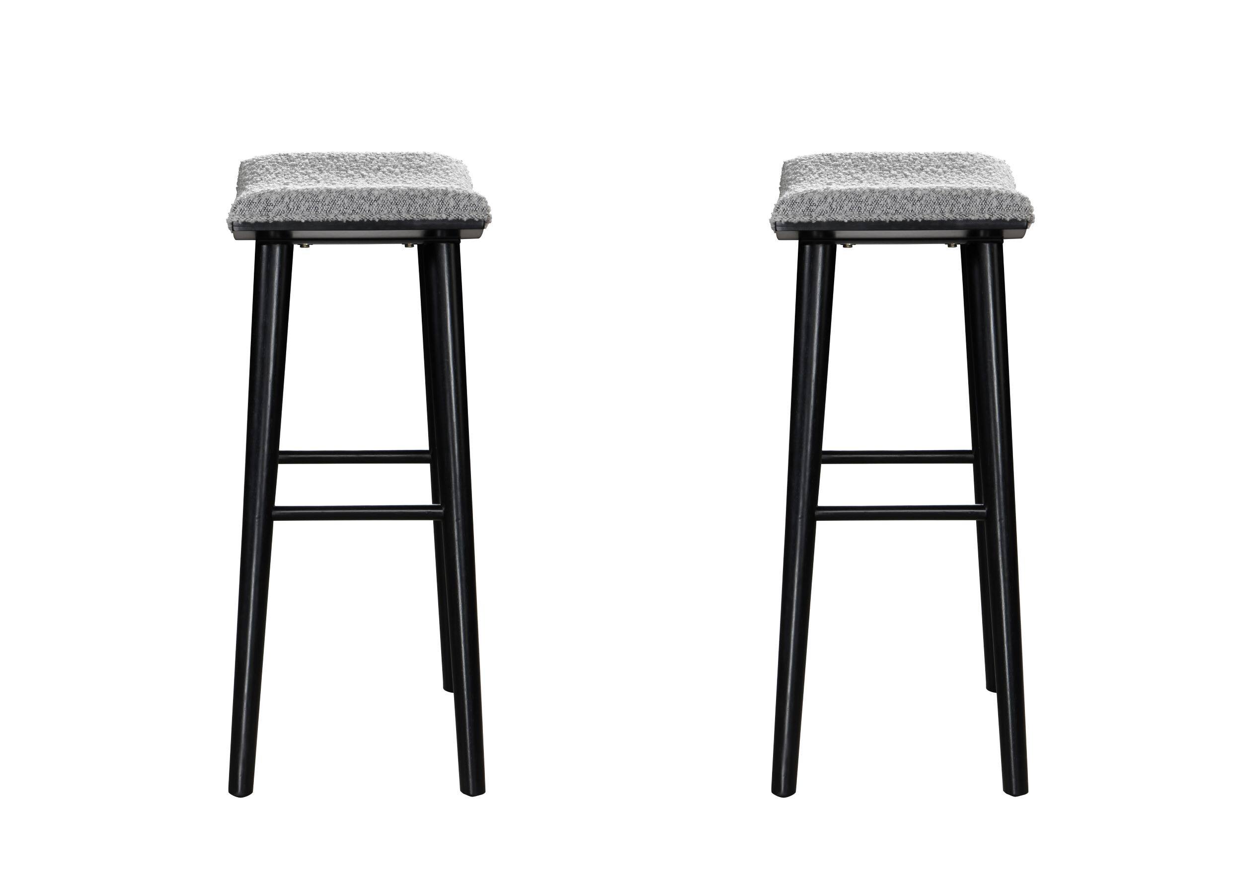 Alt View 4. LuXeo - Luna 29 in. Black Backless Wood Saddle Bar Stools with Gray Boucle Fabric Seat (Set of 2) - Black/Gray.