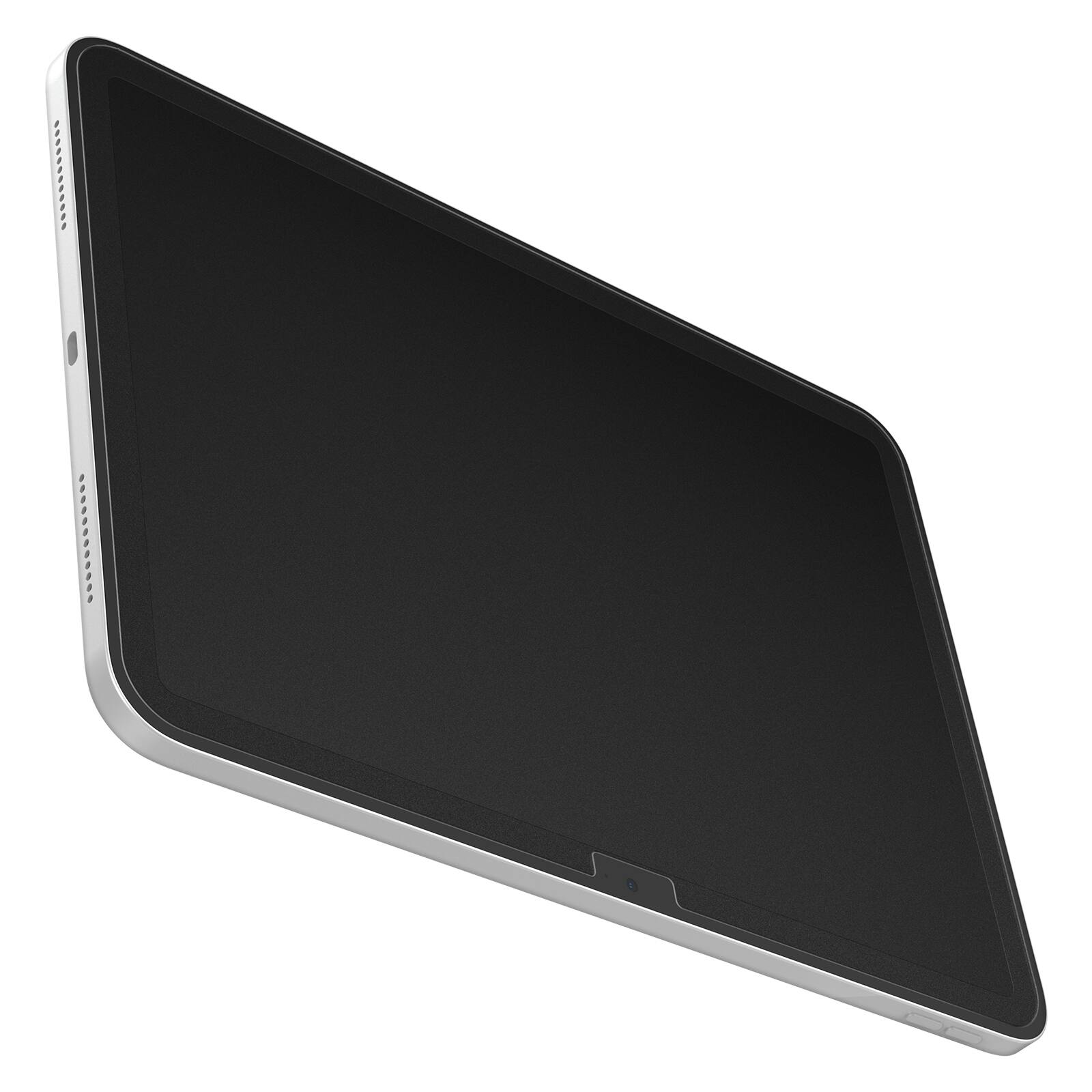 The image shows a tablet with a black screen and a silver or white frame.
