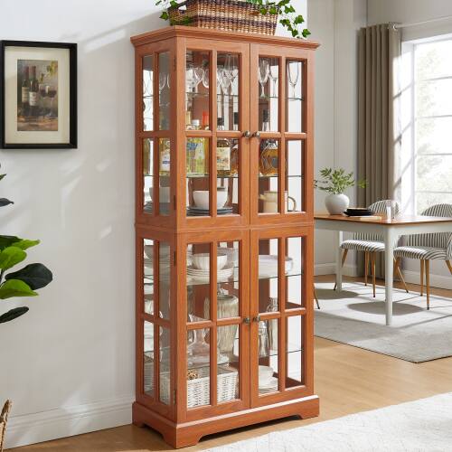 Angle. LUCKY ONE - Freestanding Antique Curio Display Cabinet with Glass Doors Adjustable Shelves E26 Bulb for Collectibles - Oak.