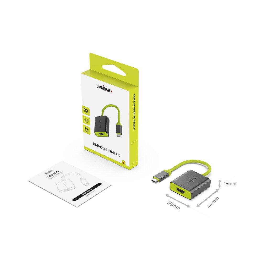 OMNIBAR+  
USB-C to HDMI 4K  
USB-C to HDMI Adapter  

Dimensions:  
- Length: 44mm  
- Width: 39mm  
- Height: 15mm