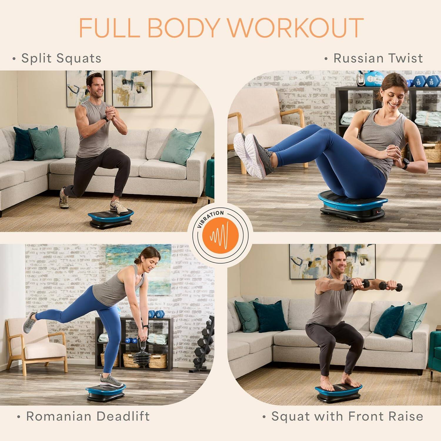 FULL BODY WORKOUT

- Split Squats
- Russian Twist
- Romanian Deadlift
- Squat with Front Raise