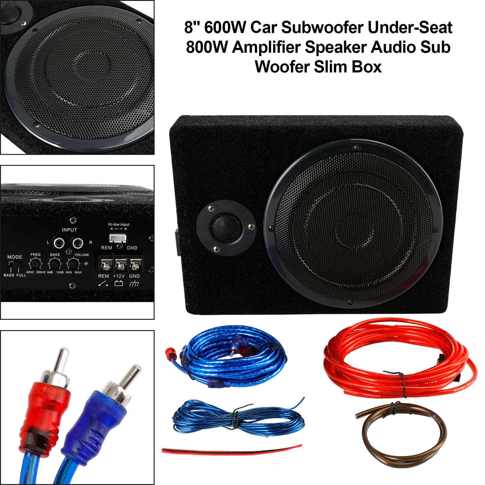 8" 600W Car Subwoofer Under-Seat 800W Amplifier Speaker Audio Sub Woofer Slim Box

INPUT 14ow input

MODE FREO L SASS R VELUME REM

BASS FULL REM

12V UNID

GND

Hi-low input

440Hz 200Hz 100Hz 80Hz 60Hz 40Hz 20Hz 10Hz

REM +12V GND