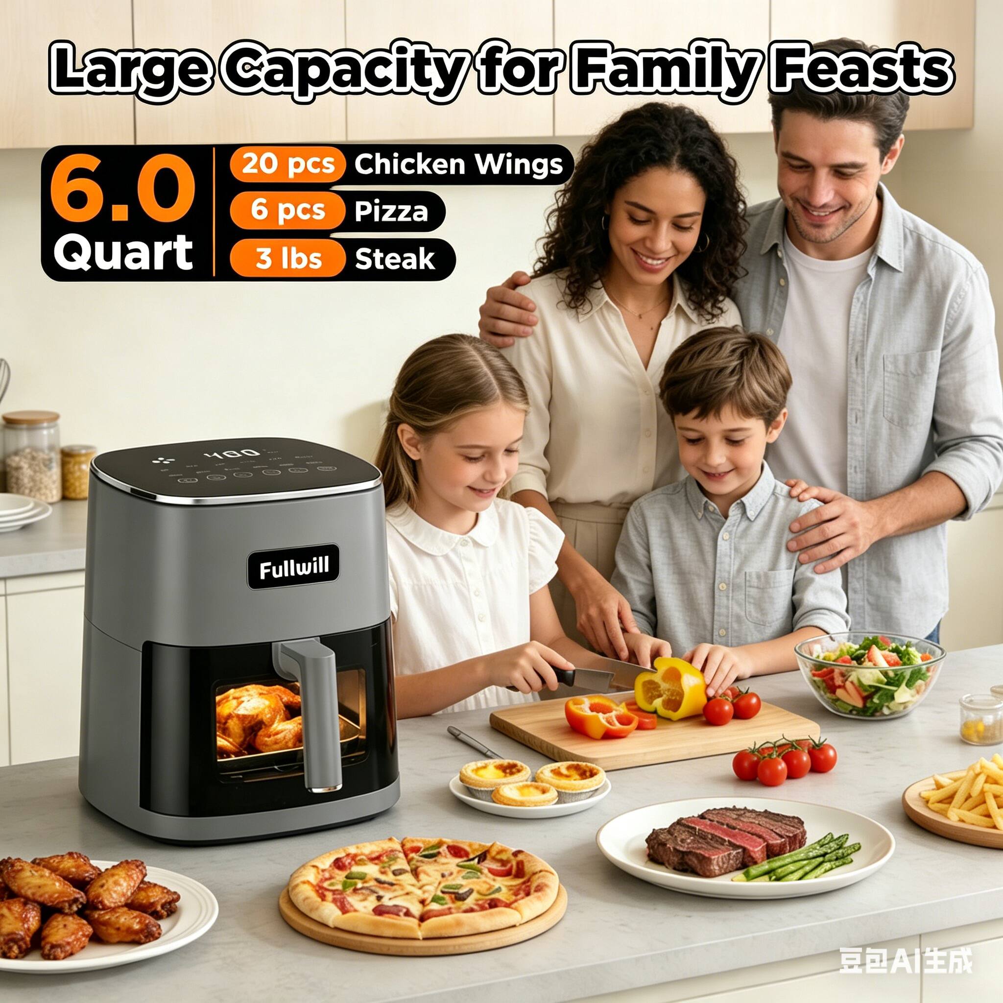 Large Capacity for Family Feasts

6.0 Quart

20 pcs Chicken Wings
6 pcs Pizza
3 lbs Steak

Fullwill AI