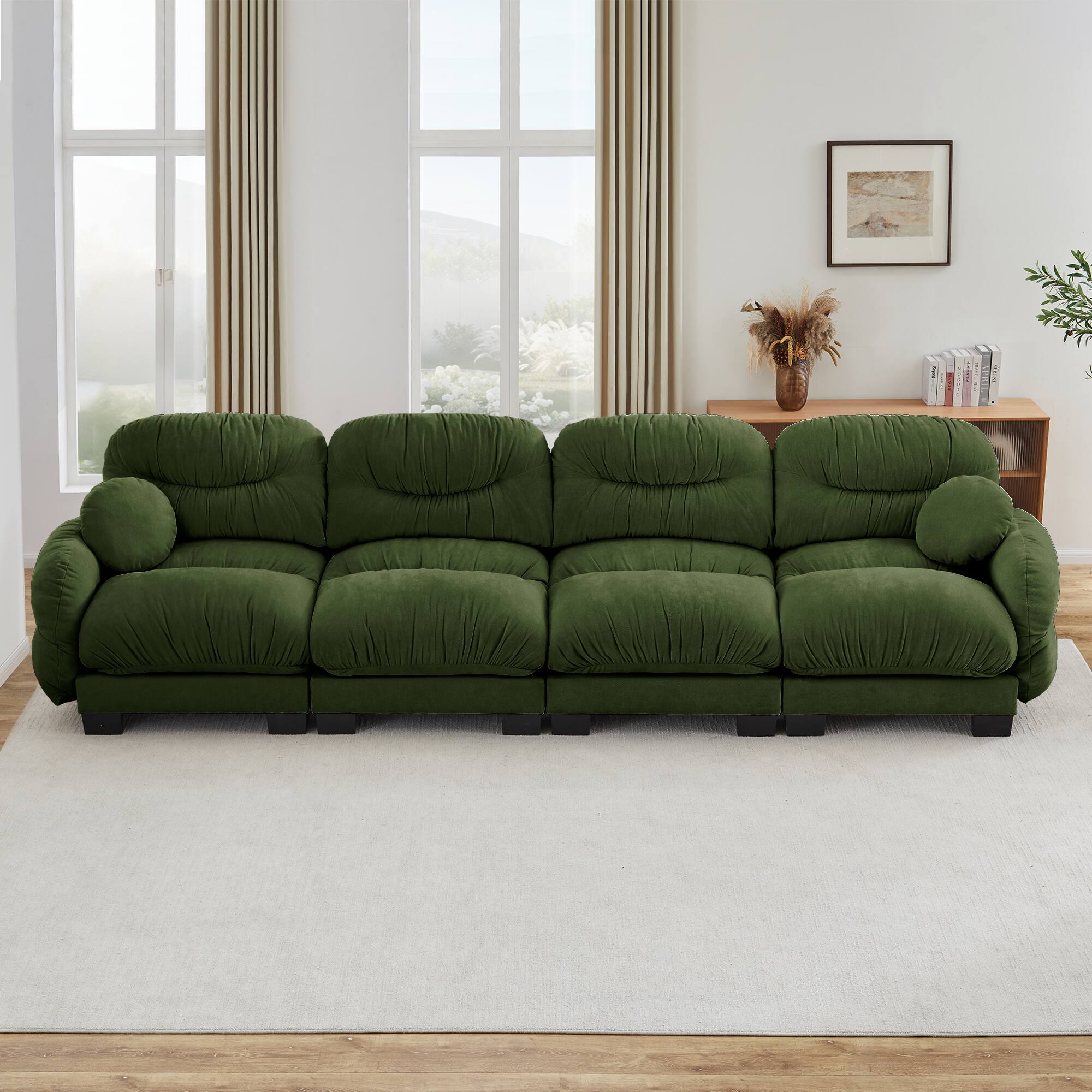 Angle. Anysun - 4 Seater Modular Sofa with Chenille Fabric, High-Density Foam & Curved Armrests, Pleated Design for Living Room - Green.