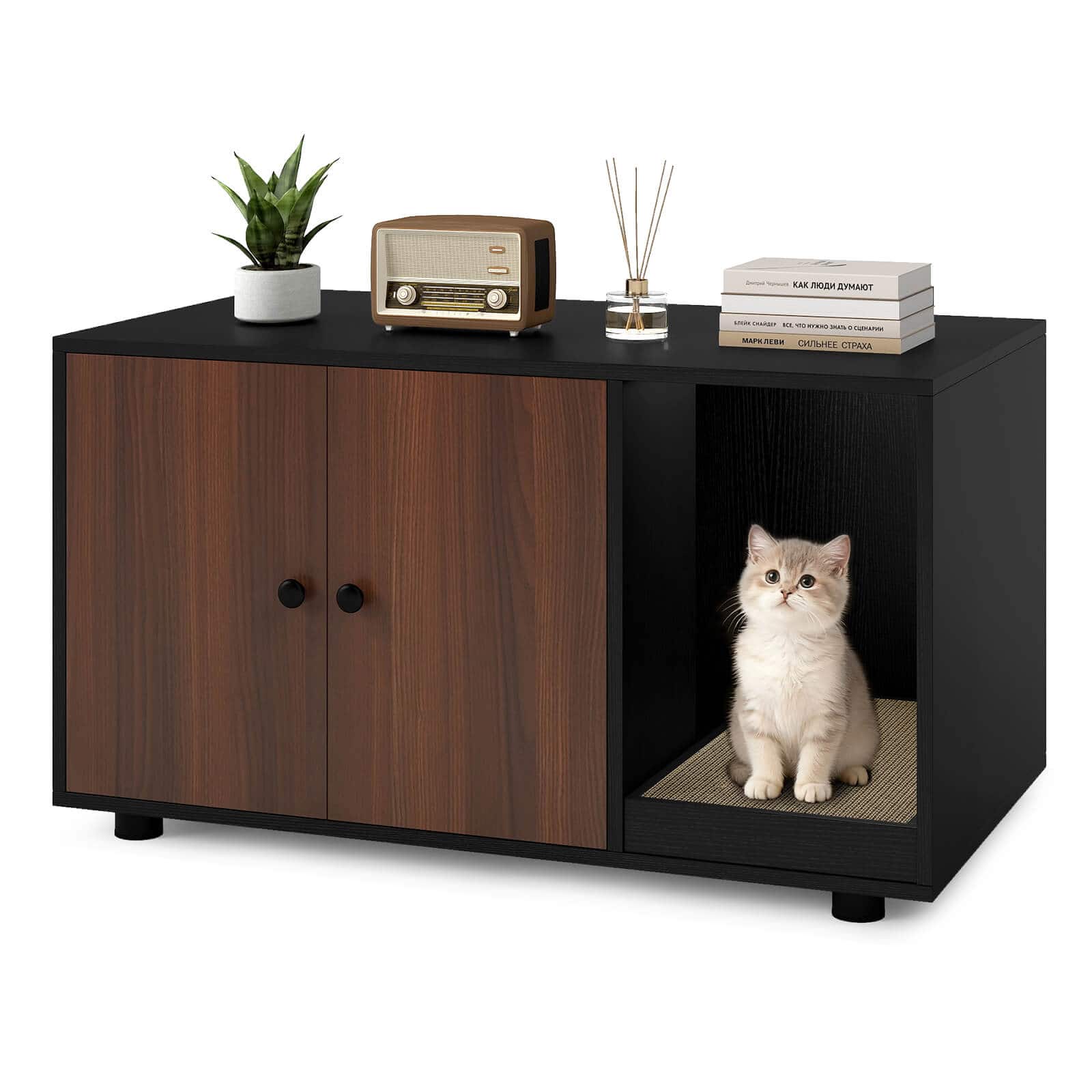 Costway - Wooden Cat Litter Box Enclosure, Hidden Litter Box Furniture with Scratching Board - Black