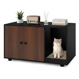 Costway - Wooden Cat Litter Box Enclosure, Hidden Litter Box Furniture with Scratching Board - Black