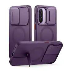 Front. SURITCH - Case for Samsung Galaxy A37/A36 5G with Camera Cover, Metal Kickstand, Compatible with MagSafe, Shockproof Bumper Cover - Dark Purple.