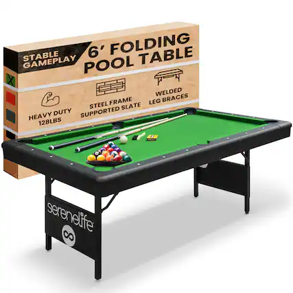 6' FOLDING POOL TABLE
STABLE GAMEPLAY
STEEL FRAME SUPPORTED SLATE
HEAVY DUTY 128LBS
WELDED LEG BRACES
serenelife