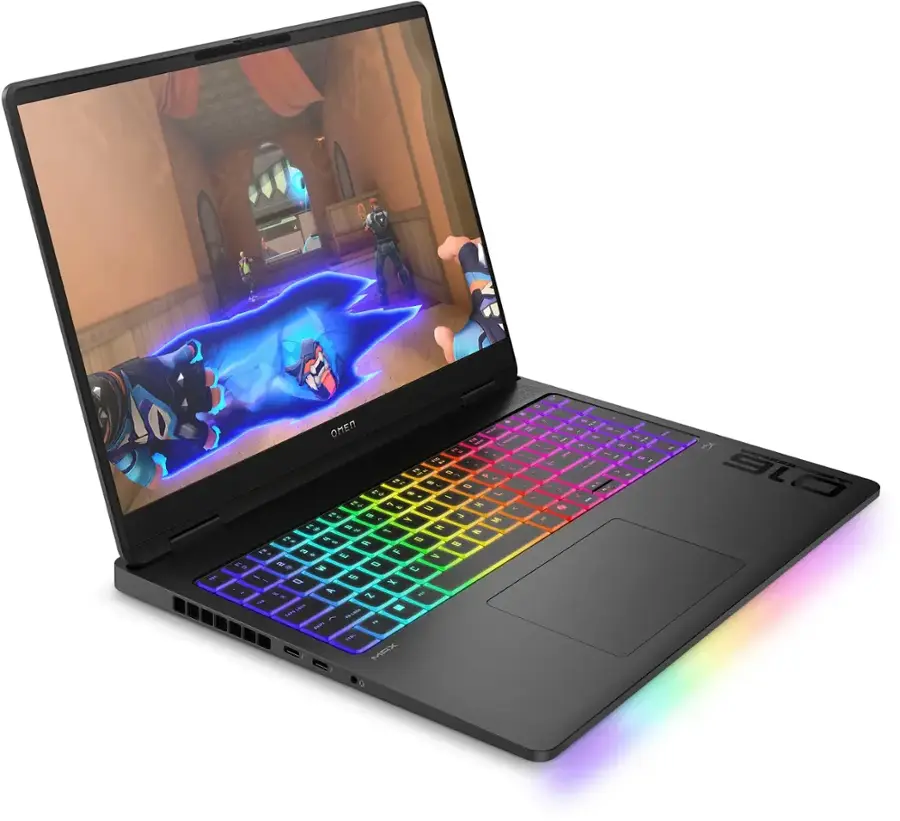 The text on the image reads: "A OMEN 17-inch laptop with a colorful keyboard."