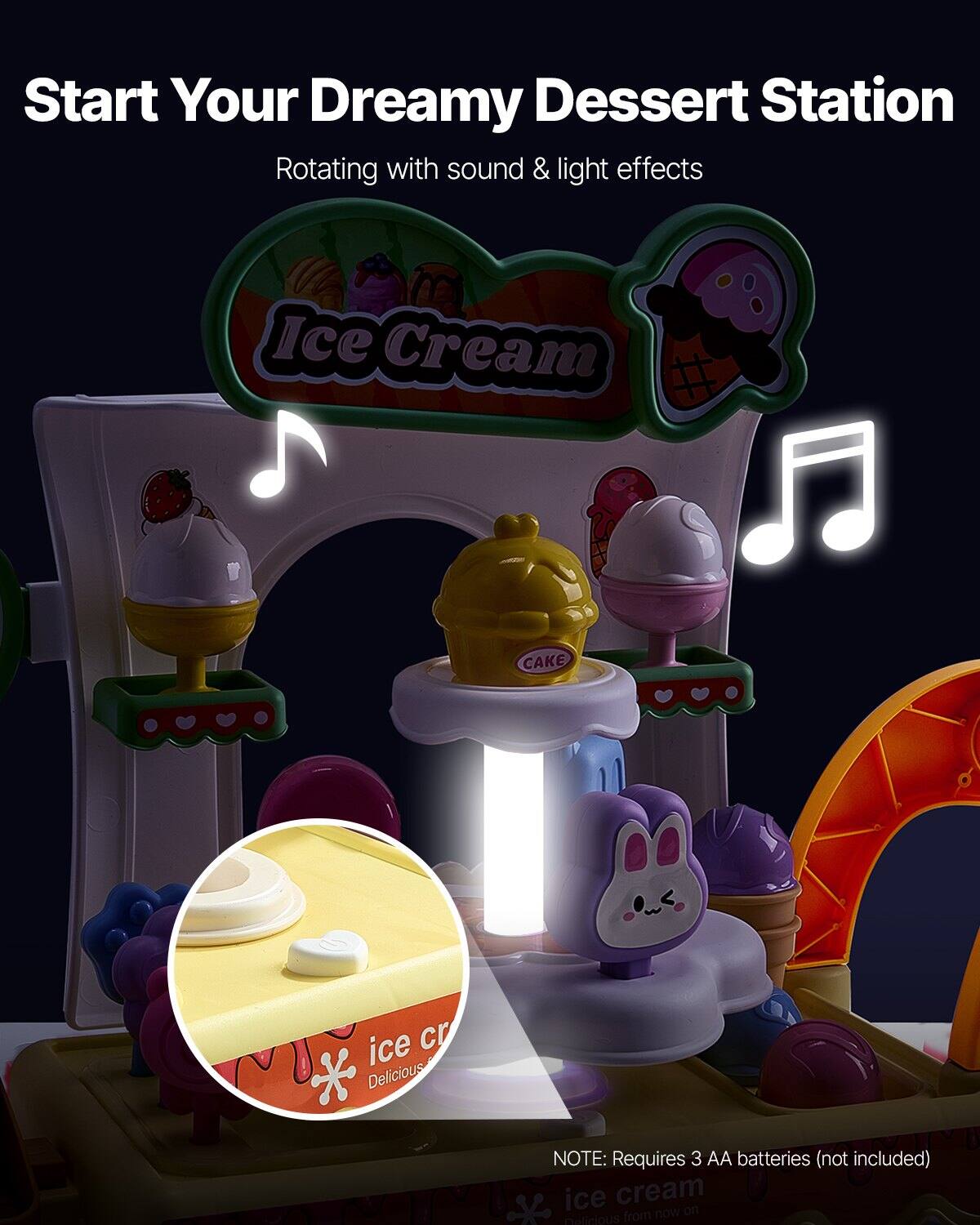 Start Your Dreamy Dessert Station  
Rotating with sound & light effects  

Ice Cream  

Cake  

ice cream  
Delicious  

NOTE: Requires 3 AA batteries (not included)  

ice cream  
Delicious from now on