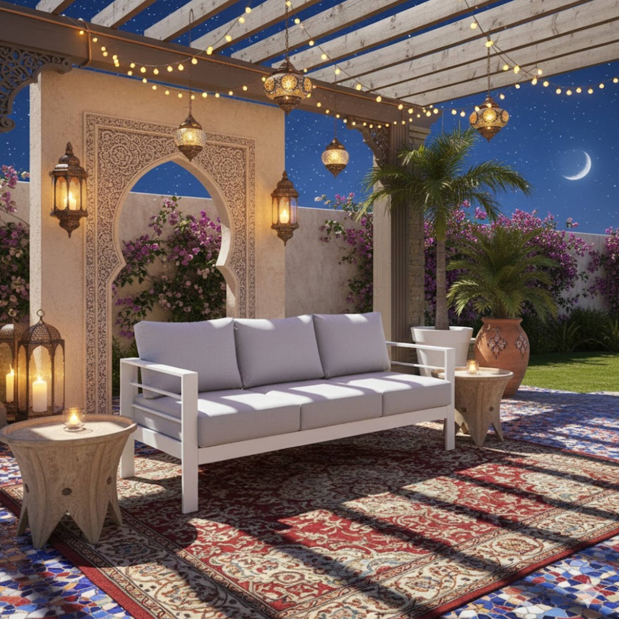 Angle. Mondawe - 73" 3 Seat Outdoor Aluminum Patio Sofa with Cushions - White+Gray.