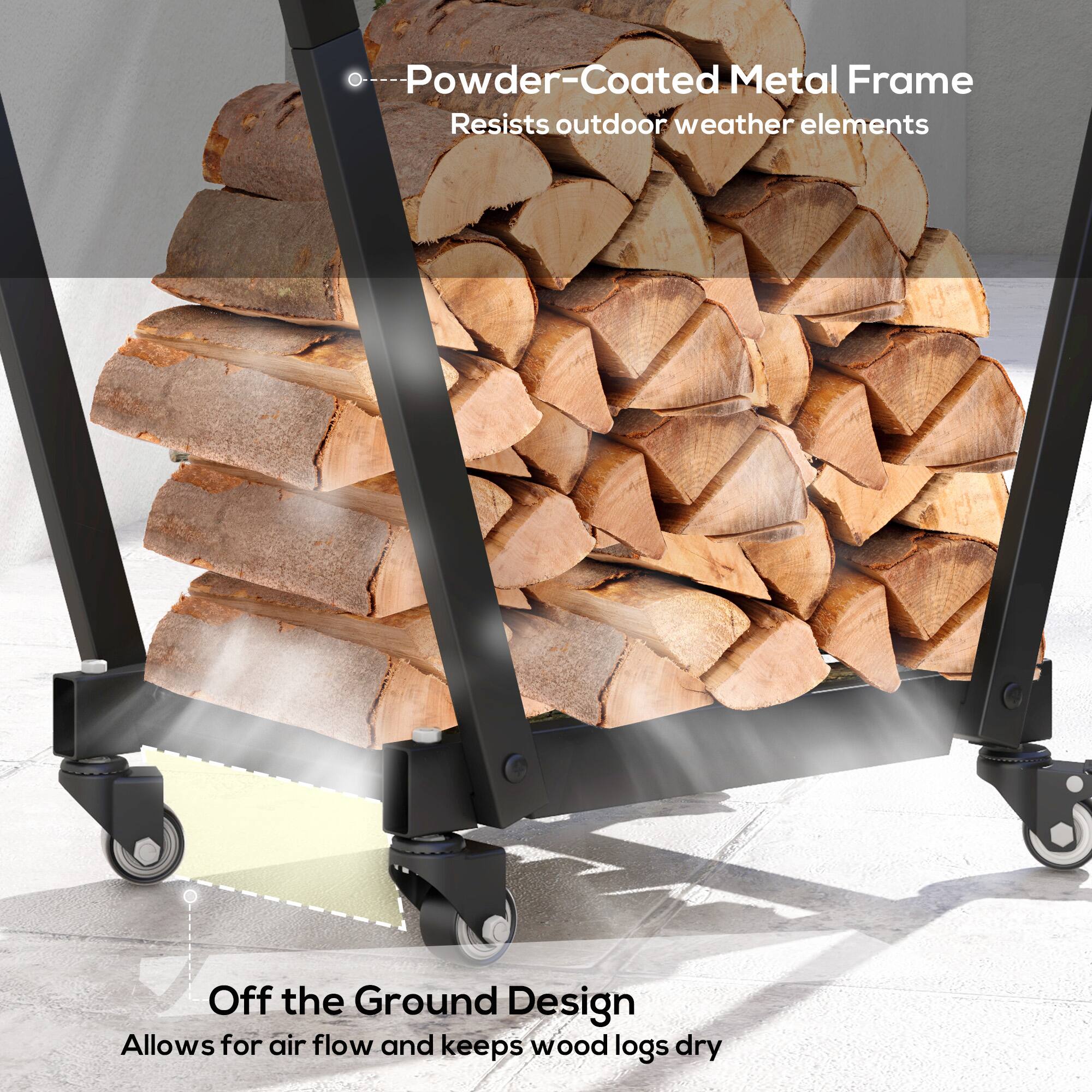 Powder-Coated Metal Frame Resists Outdoor Weather Elements. Off the Ground Design Allows for Airflow and Keeps Wood Logs Dry.