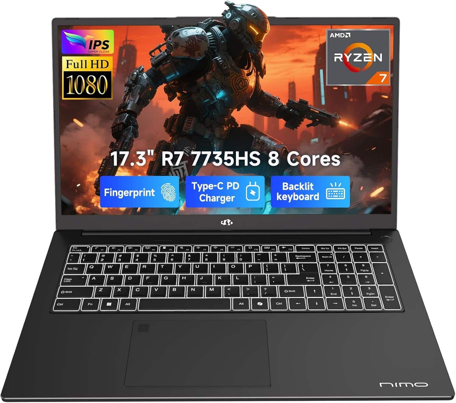 NIMO - 17.3" IPS FHD Gaming-Laptop, AMD 8 Cores Ryzen 7 7735HS 16GB DDR5 RAM 512GB SSD 4.75GHz - Black