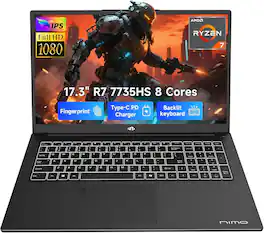 NIMO - 17.3" IPS FHD Gaming-Laptop, AMD 8 Cores Ryzen 7 7735HS 16GB DDR5 RAM 512GB SSD 4.75GHz - Black